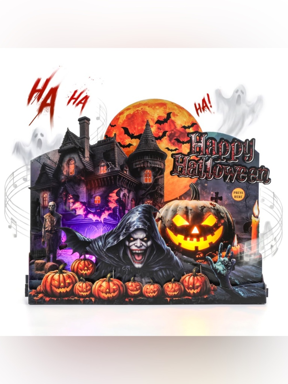 Halloween Card Haunted Scene Sound Display - Black Orange Pumpkin Decor